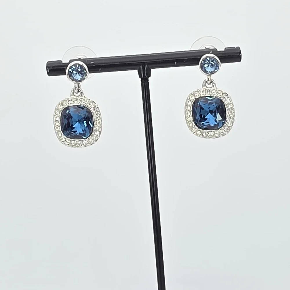New! GIVENCHY Earrings SWAROVSKI Crystals Blue & Clear‎ Silver Plate Dangle Drop